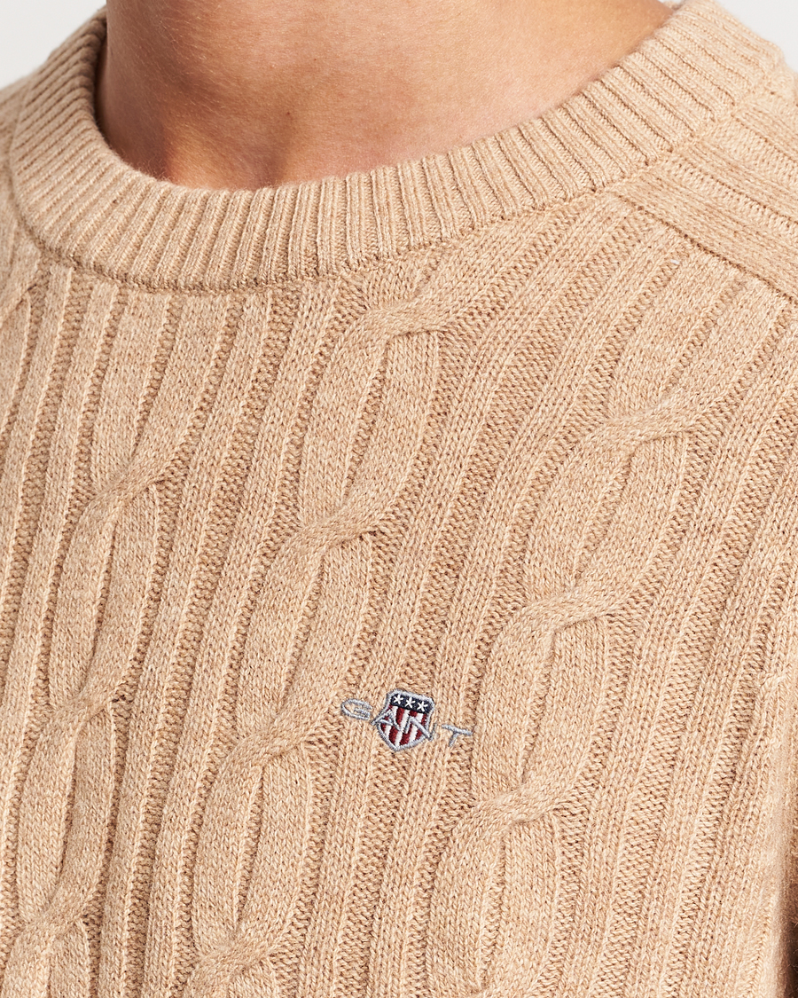 Men | Sweaters & Knitwear | GANT | Lambswool Cable Crew Neck Pullover Khaki Melange