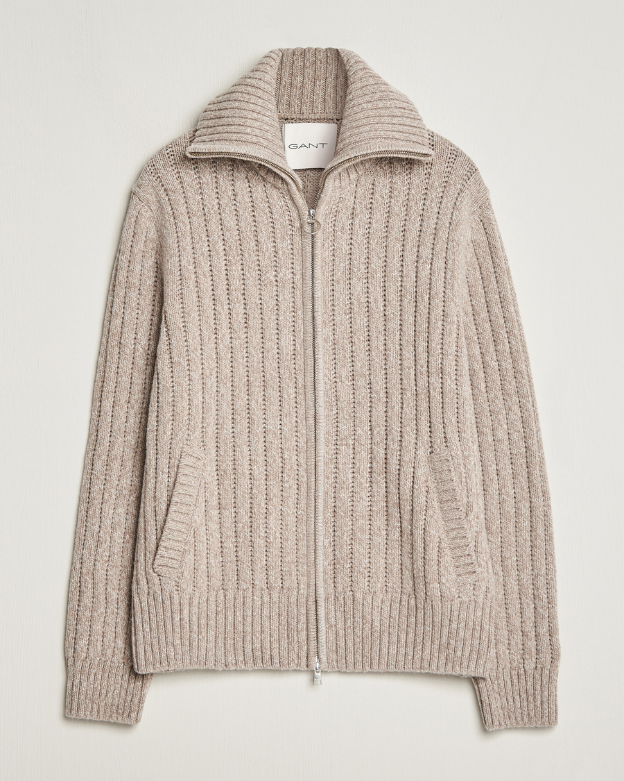 Men | Sweaters & Knitwear | GANT | Heavy Structured Knitted Full Zip Light Beige Melange