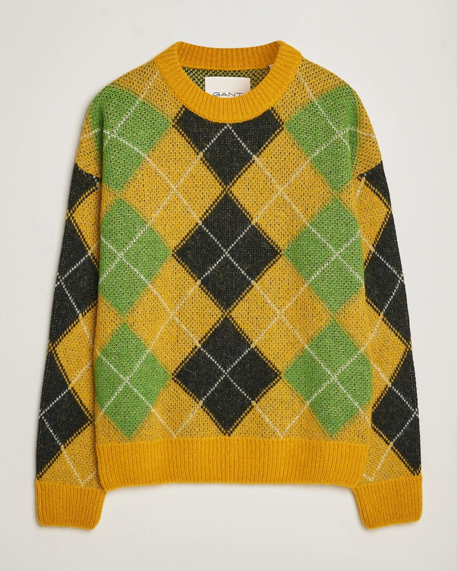 Men | Sweaters & Knitwear | GANT | Furry Argyle Crew Neck Sunflower Yellow
