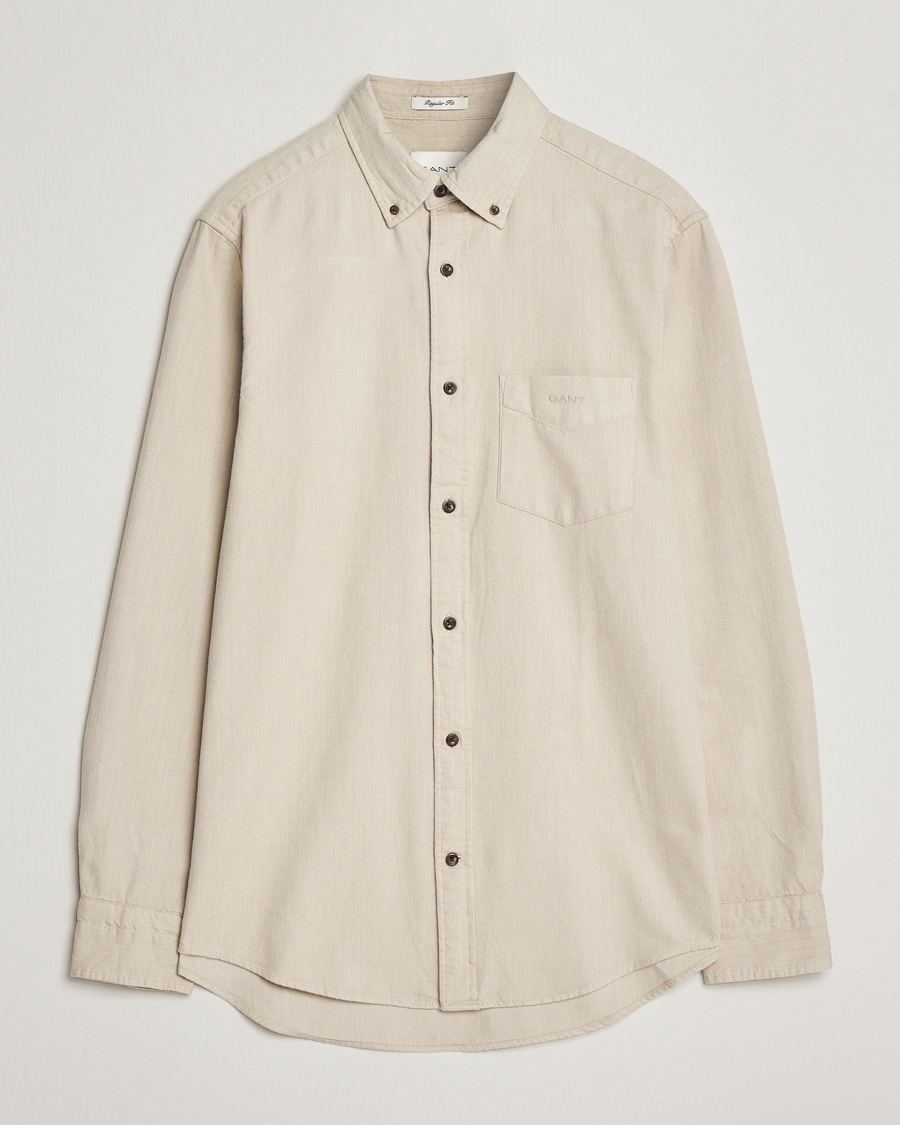 Men | Flannel Shirts | GANT | Regular Fit Herringbone Flannel Shirt Cold Beige