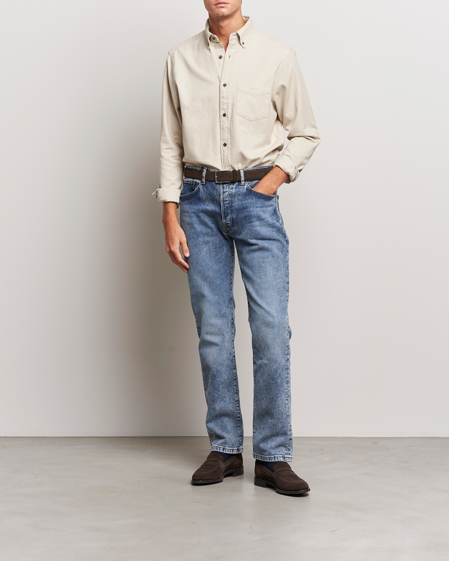 Men | Shirts | GANT | Regular Fit Herringbone Flannel Shirt Cold Beige