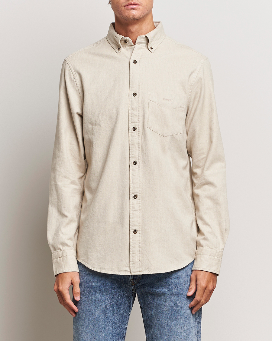 Men | Flannel Shirts | GANT | Regular Fit Herringbone Flannel Shirt Cold Beige