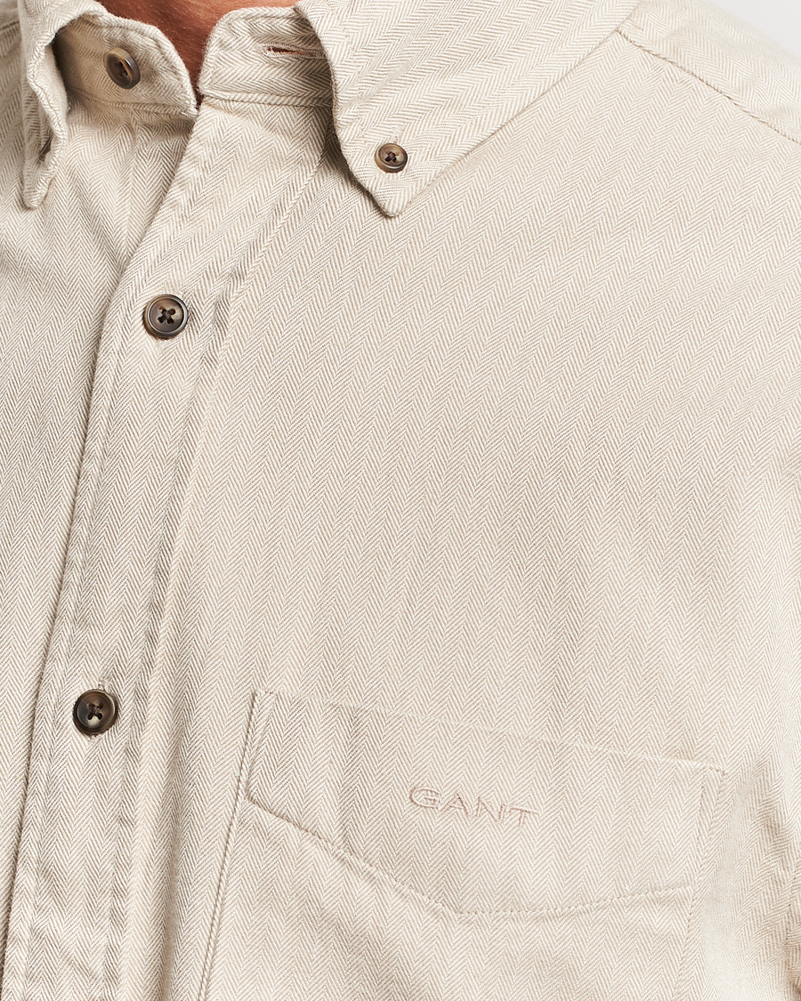 Men | Shirts | GANT | Regular Fit Herringbone Flannel Shirt Cold Beige
