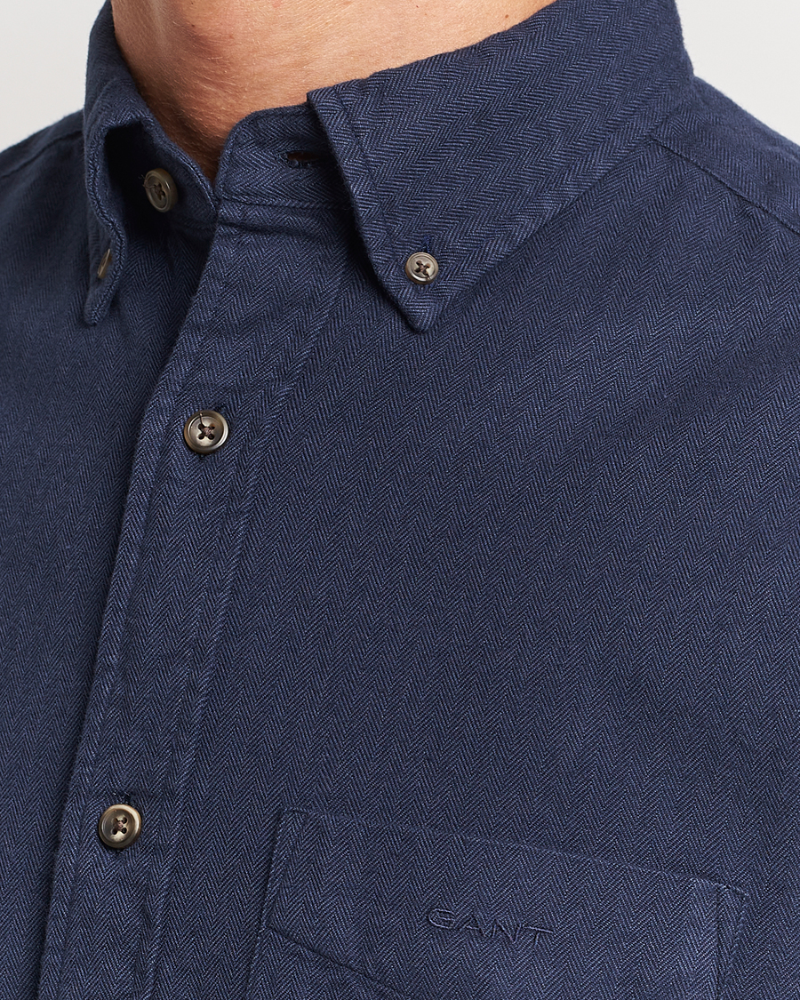 Men | Shirts | GANT | Regular Fit Herringbone Flannel Shirt Marine