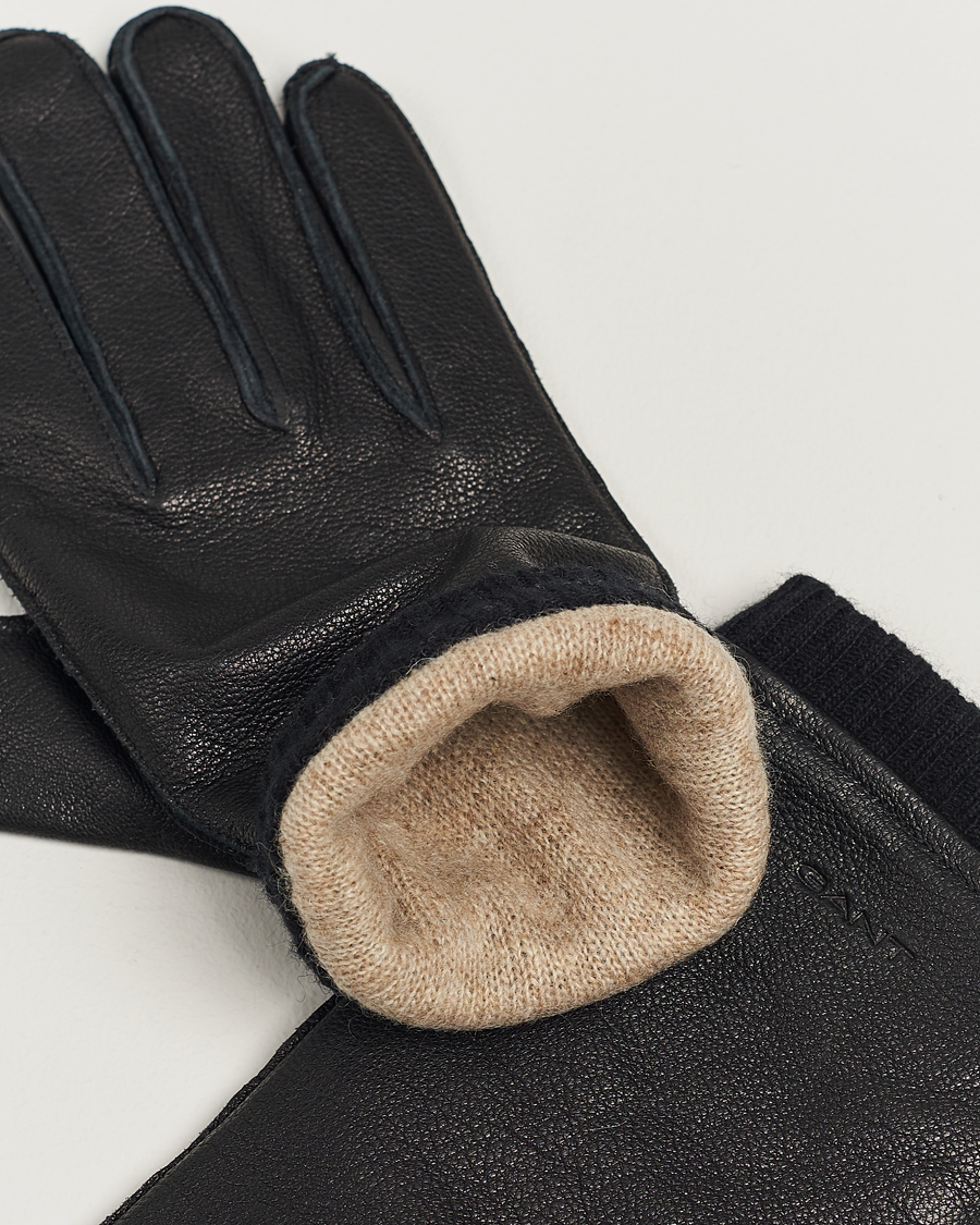 GANT Wool Lined Leather Gloves Black at