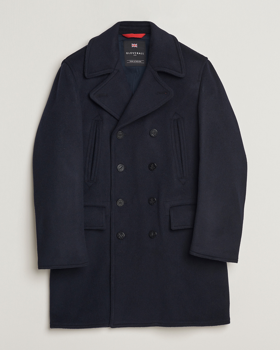 Men | Coats & Jackets | Gloverall | Churchill Long Reefer Peacoat Navy Royal