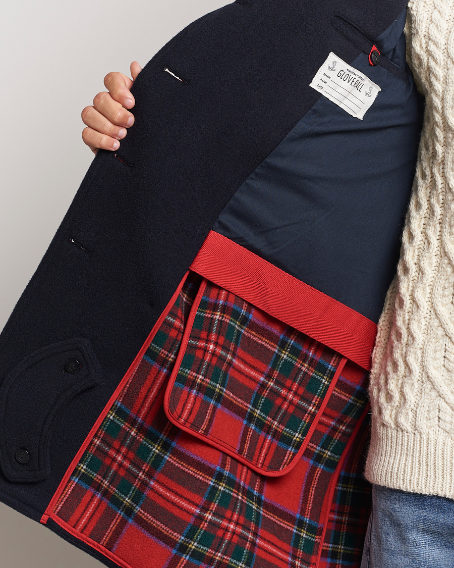 Men | Coats & Jackets | Gloverall | Churchill Long Reefer Peacoat Navy Royal