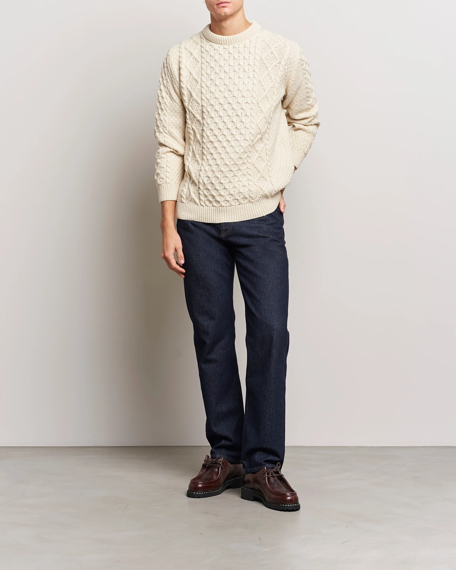 Gloverall Merino Wool Aran Cable Knitted Crew Neck Ecru at CareOfCarl.com