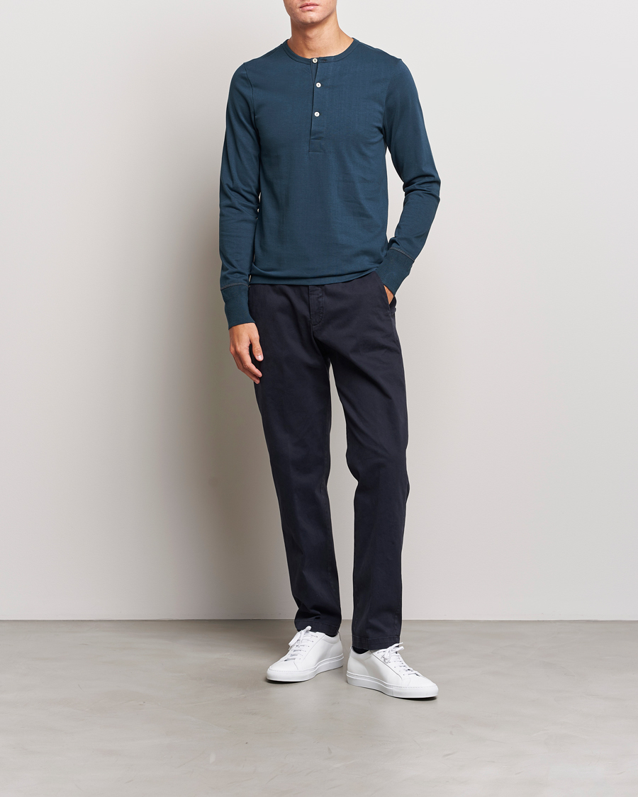 Men | Sweaters & Knitwear | Merz b. Schwanen | Classic Organic Cotton Henley Mineral Blue