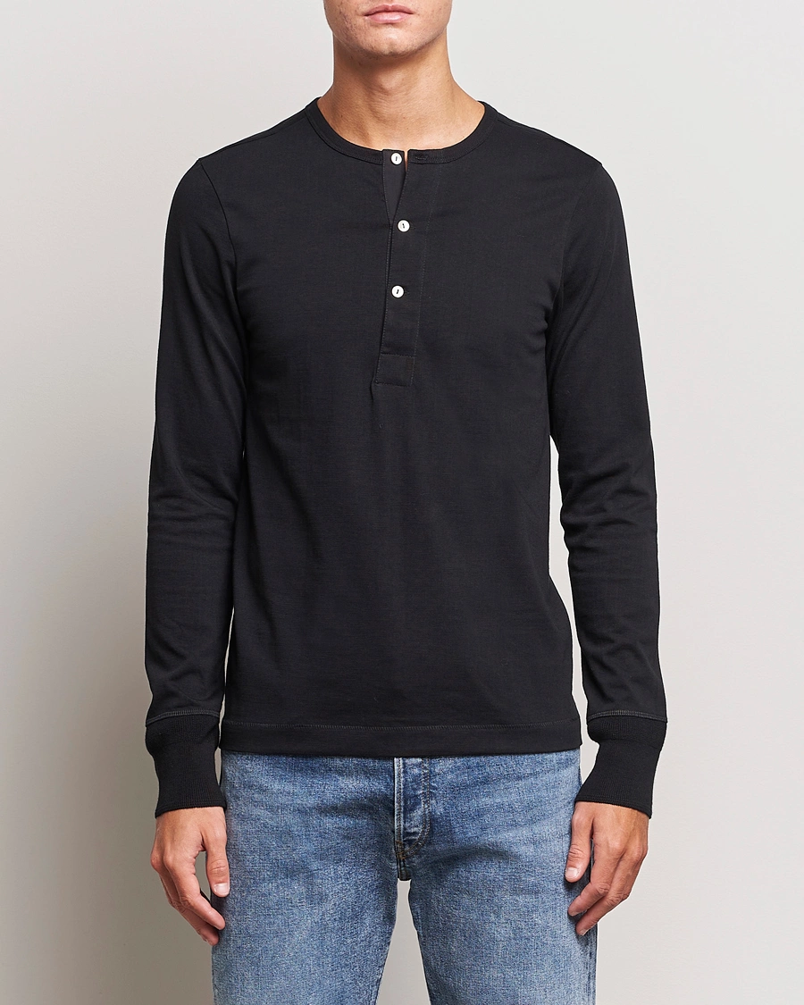 Men | Sweaters & Knitwear | Merz b. Schwanen | Classic Organic Cotton Henley Sweater Black
