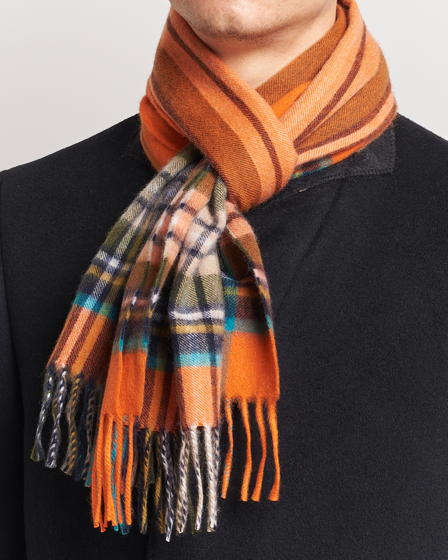 Men | Scarves | Begg & Co | Striped/Checked Cashmere Scarf 30*160cm Orange
