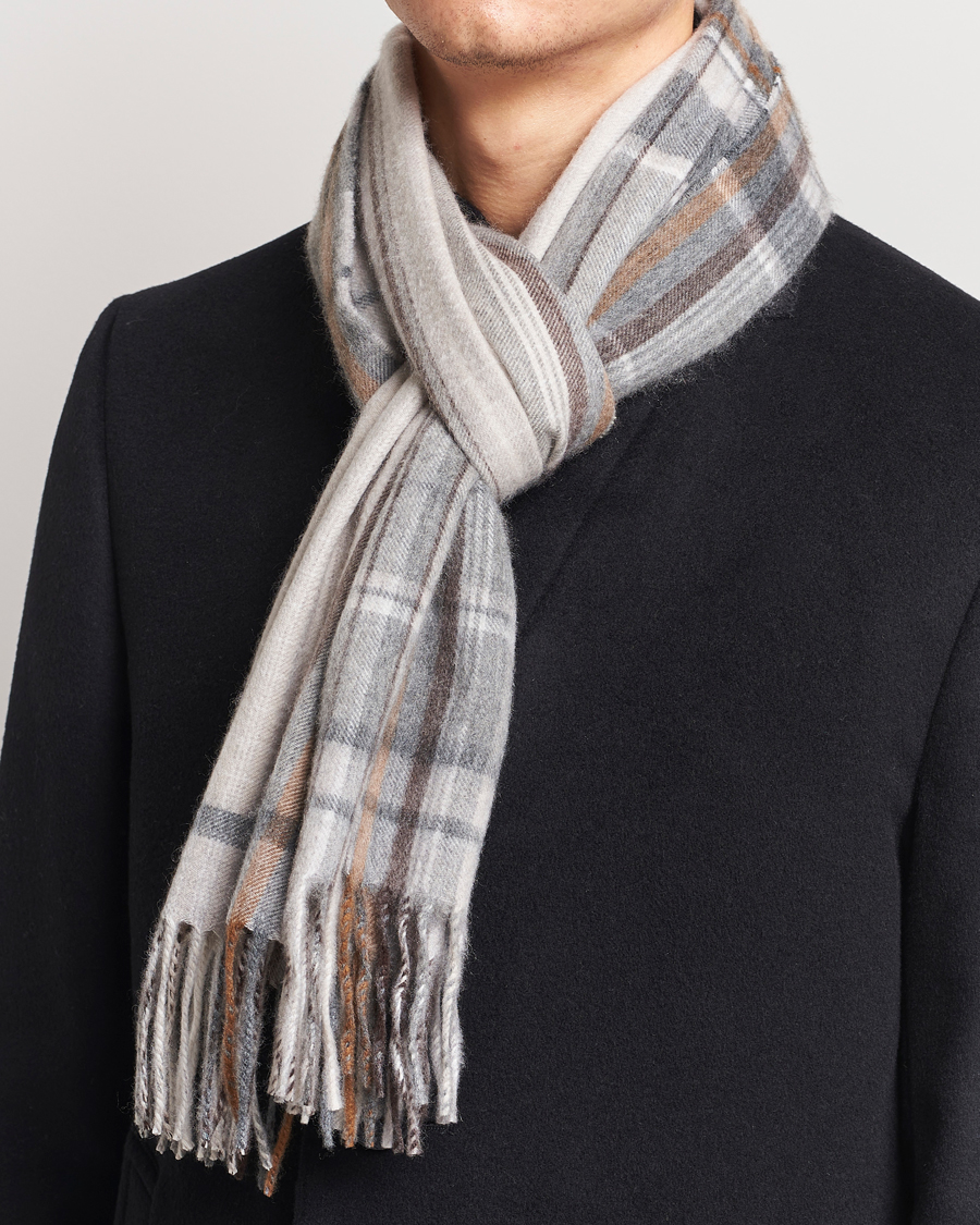 Men | Scarves | Begg & Co | Striped/Checked Cashmere Scarf 36*183cm Natural Grey
