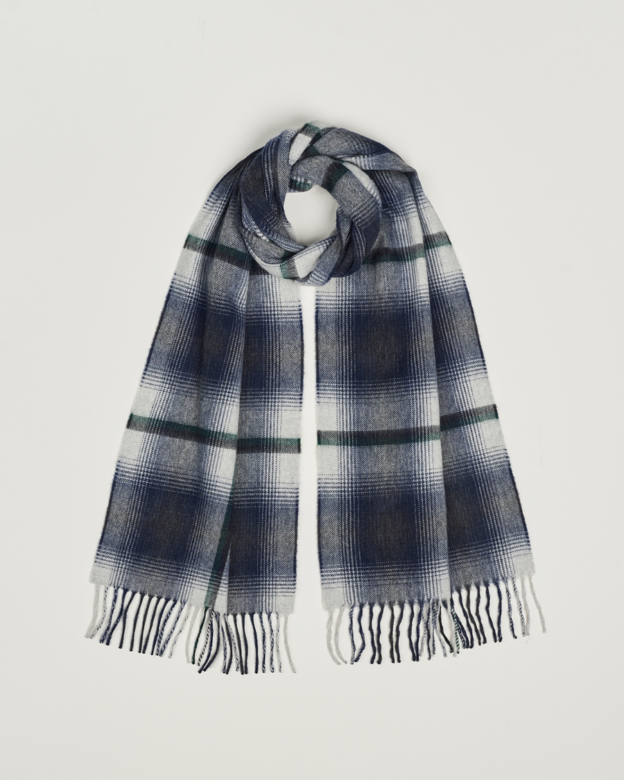 Men | Begg & Co Wool/Cashmere Shadow Check Scarf 32*180cm Silver/Navy | Begg & Co | Wool/Cashmere Shadow Check Scarf 32*180cm Silver/Navy