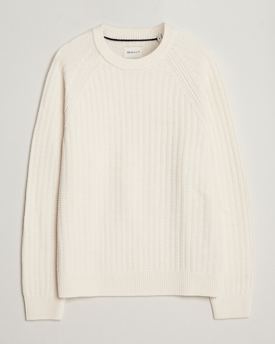 Men | Sweaters & Knitwear | GANT | Textured Raglan Knitted Crew Neck Cream