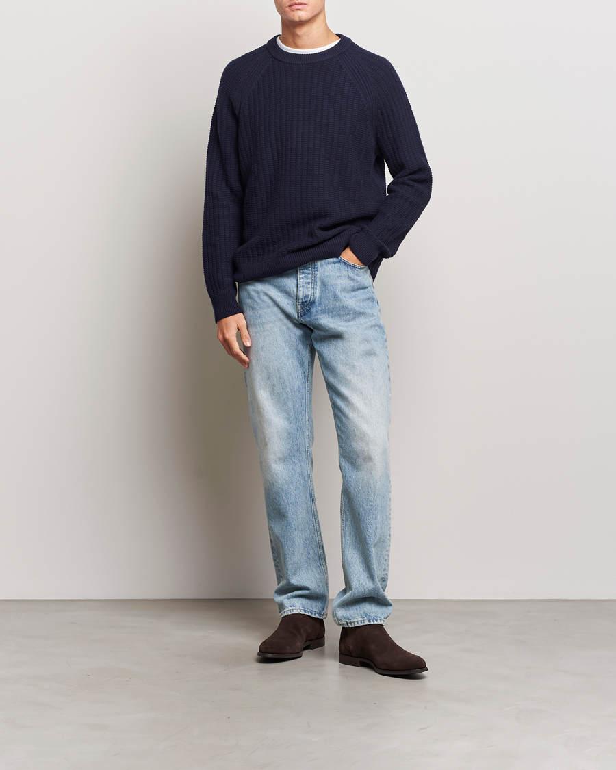 Men | Sweaters & Knitwear | GANT | Textured Raglan Knitted Crew Neck Evening Blue