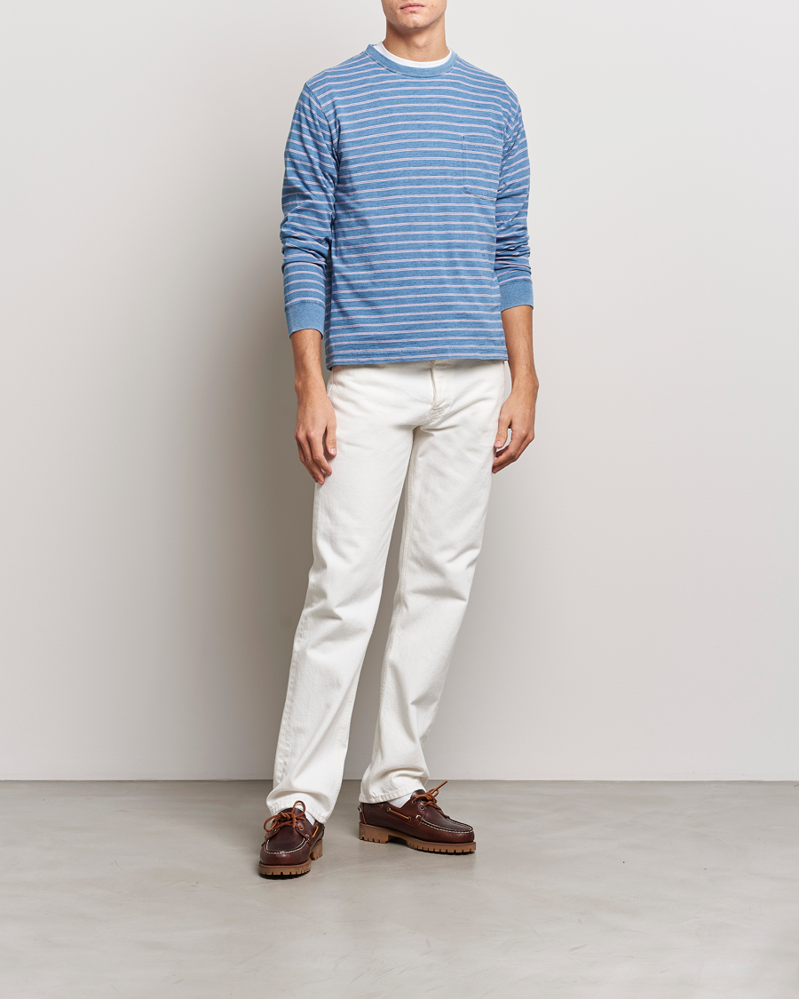 Men | T-Shirts | BEAMS PLUS | Indigo Stripe Long Sleeve T-Shirt Light Blue