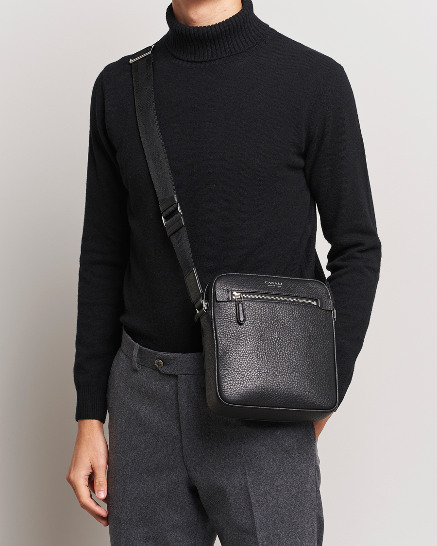 Men | Canali | Canali | Grain Leather Shoulder Bag Black