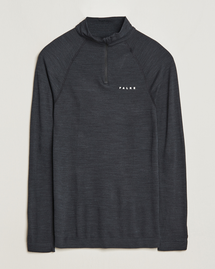 Men | Sweaters & Knitwear | Falke | Sport Long Sleeve Wool Tech Half Zip Shirt Black