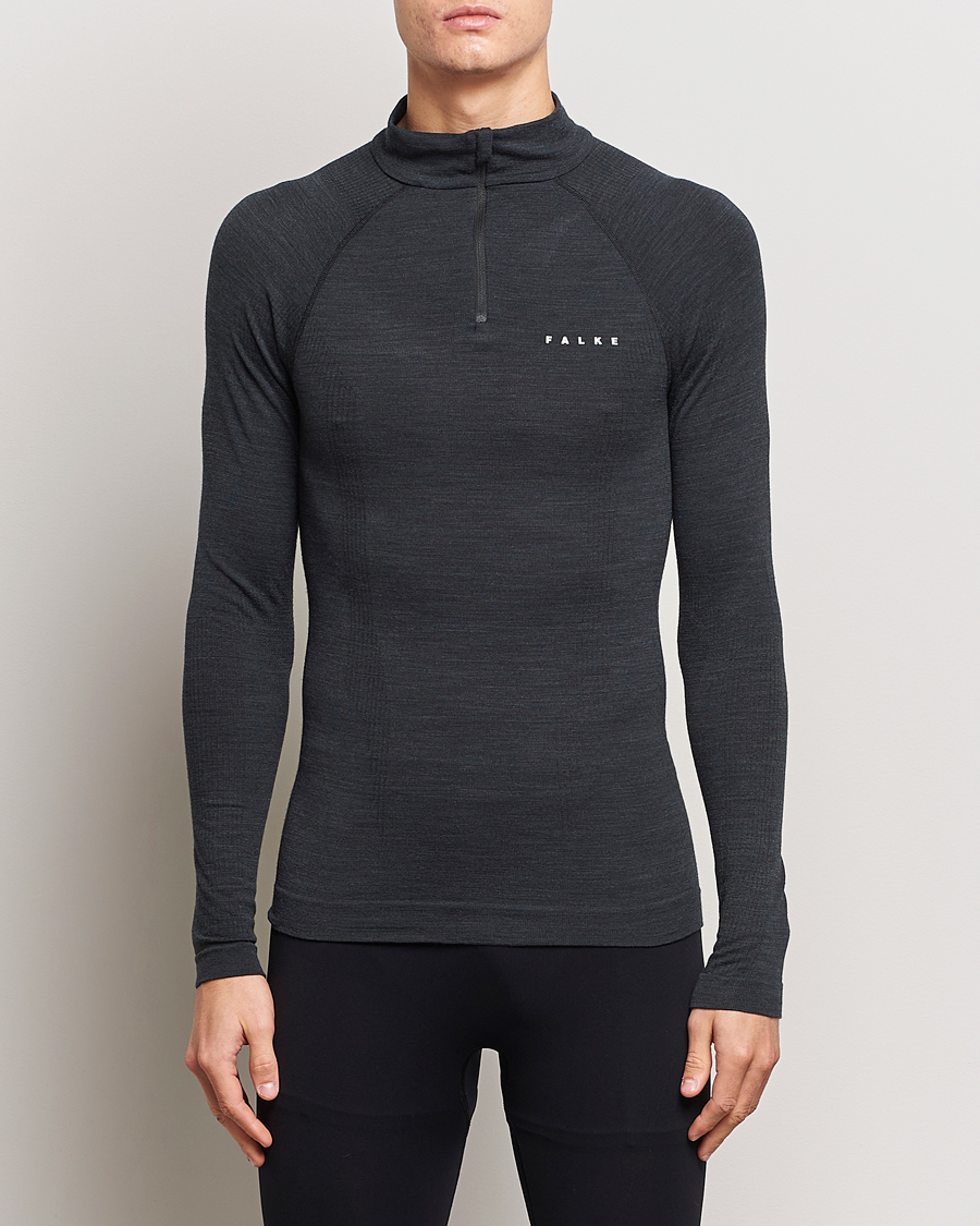 Men | Sweaters & Knitwear | Falke | Sport Long Sleeve Wool Tech Half Zip Shirt Black