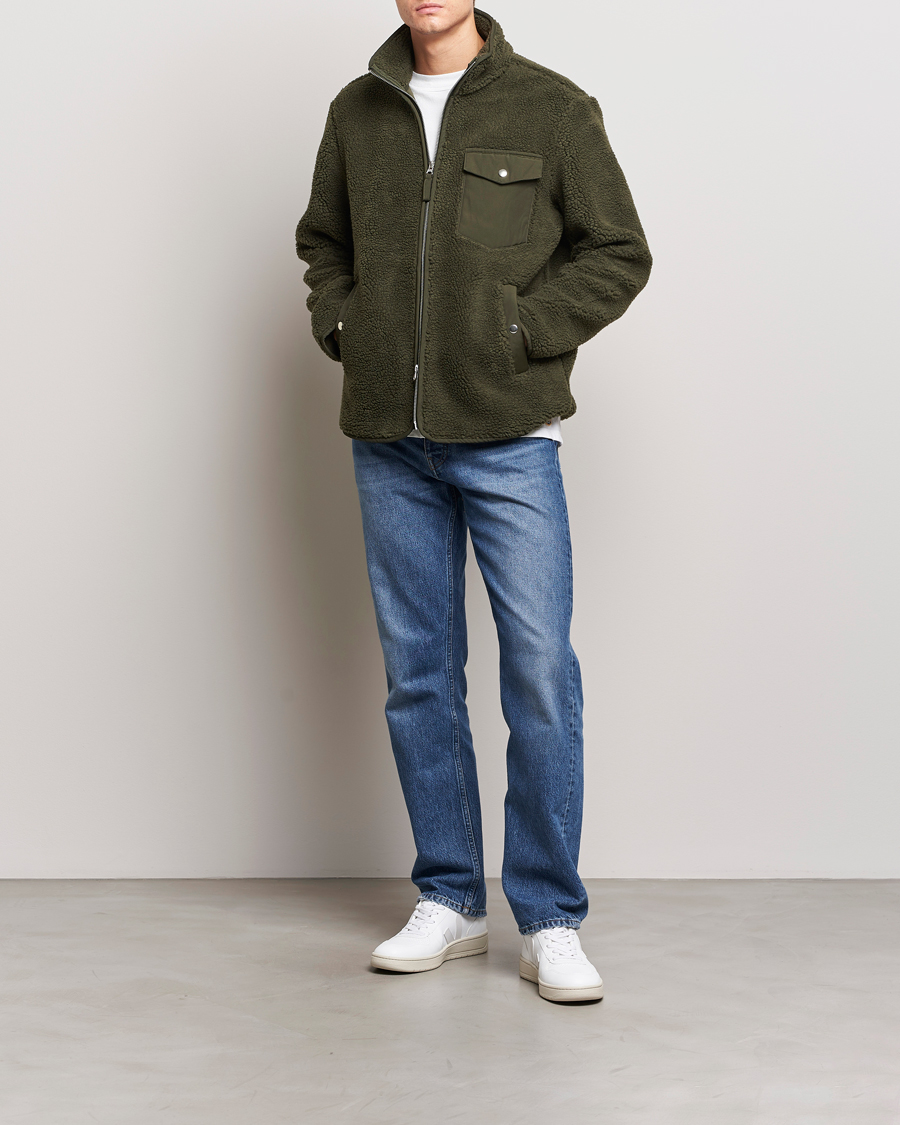 Men | Sweaters & Knitwear | A Day's March | Tone Pile Fleece Jacket Deep Green
