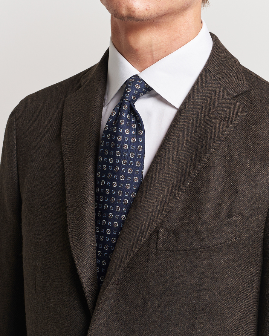 Men | E. Marinella 3-Fold Printed Silk Tie Navy | E. Marinella | 3-Fold Printed Silk Tie Navy