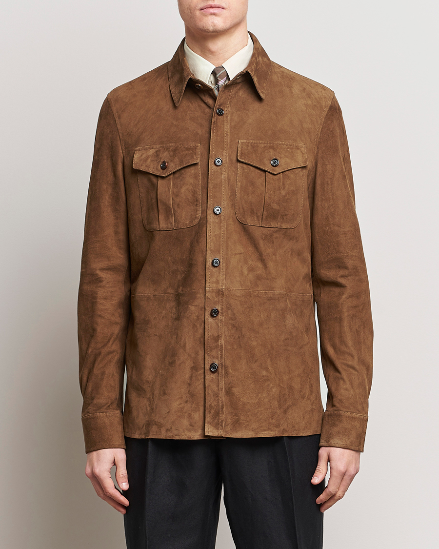 Men | Spring Jackets | Ralph Lauren Purple Label | Suede Shirt Jacket Dark Brown