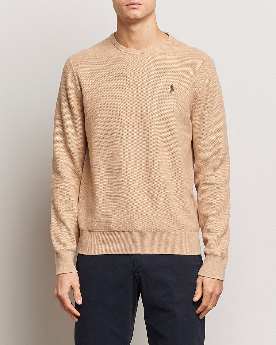 Men | Sweaters & Knitwear | Polo Ralph Lauren | Textured Cotton Crew Neck Sweater Camel Melange