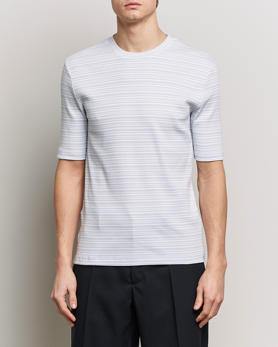 Men | T-Shirts | Filippa K | Striped Rib T-Shirt Mist Blue/White