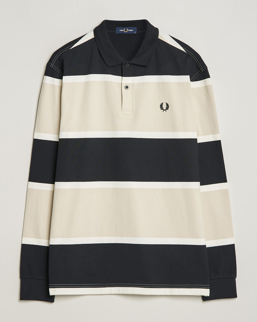 Men | Sweaters & Knitwear | Fred Perry | Relaxed Striped Rugby Shirt Oatameal/Black