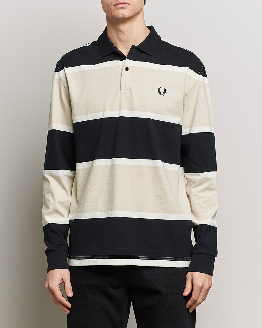Men | Sweaters & Knitwear | Fred Perry | Relaxed Striped Rugby Shirt Oatameal/Black
