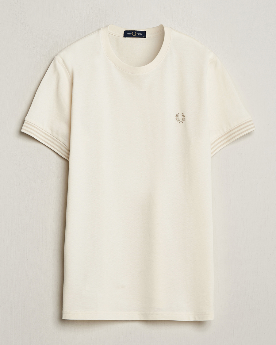 Men | T-Shirts | Fred Perry | Striped Cuff Crew Neck T-Shirt Ecru