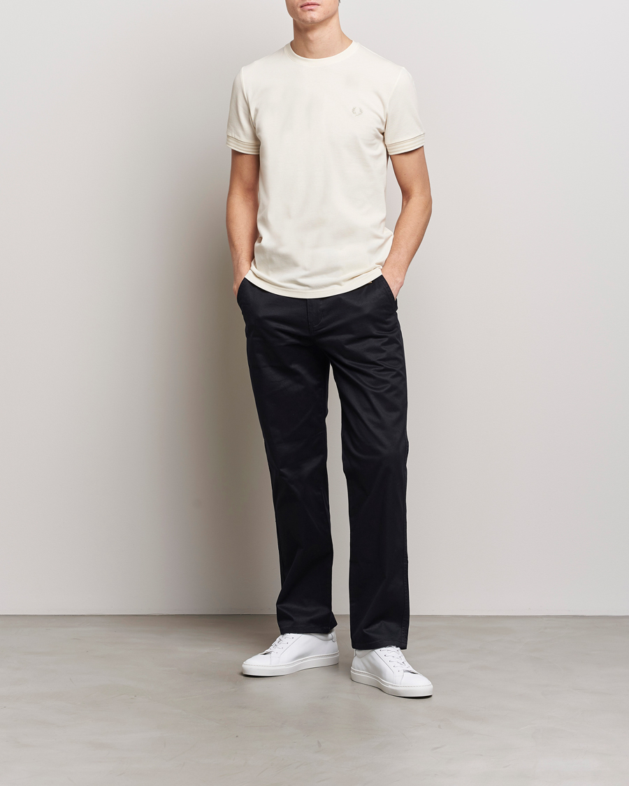 Men | T-Shirts | Fred Perry | Striped Cuff Crew Neck T-Shirt Ecru