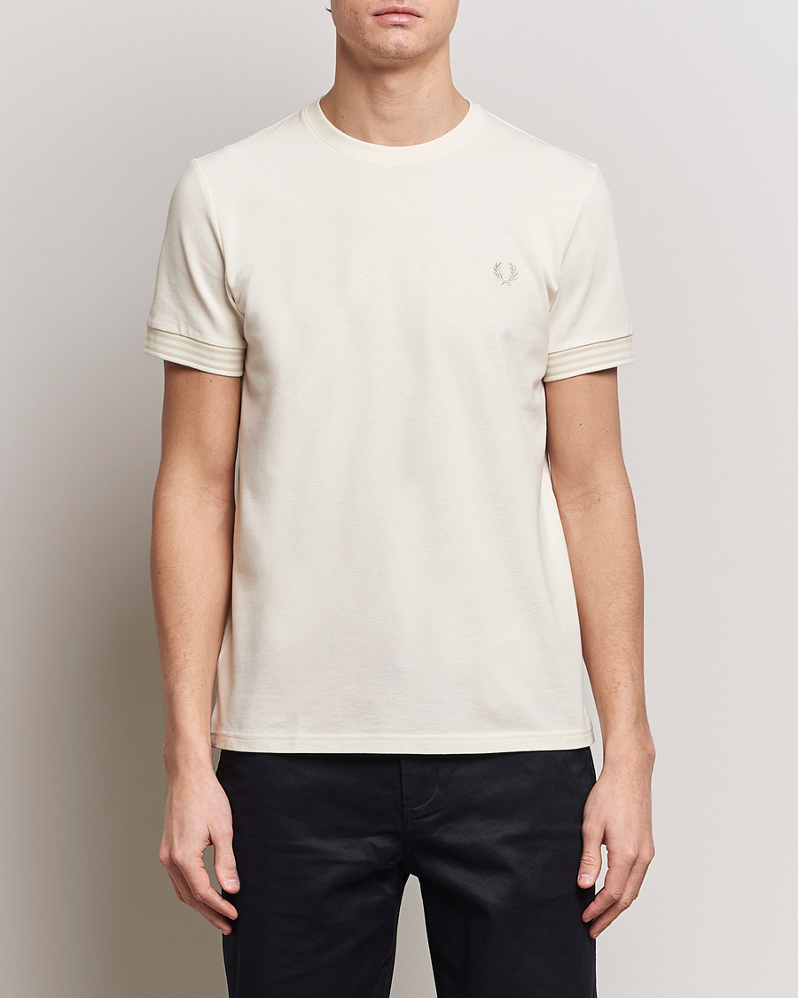 Men | T-Shirts | Fred Perry | Striped Cuff Crew Neck T-Shirt Ecru