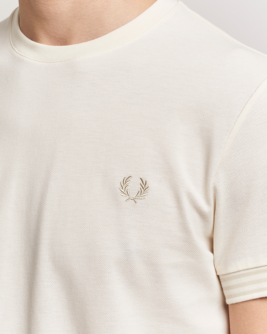 Men | T-Shirts | Fred Perry | Striped Cuff Crew Neck T-Shirt Ecru