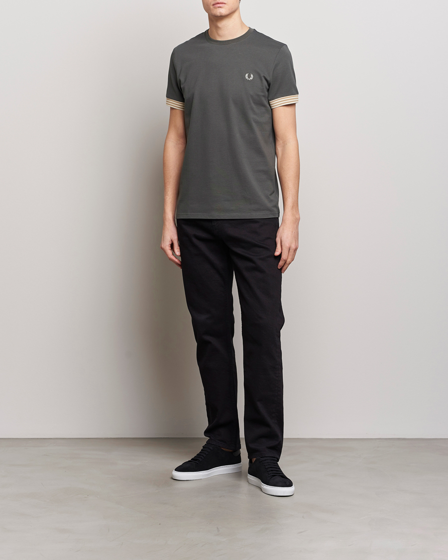 Men | T-Shirts | Fred Perry | Striped Cuff Crew Neck T-Shirt Field Green