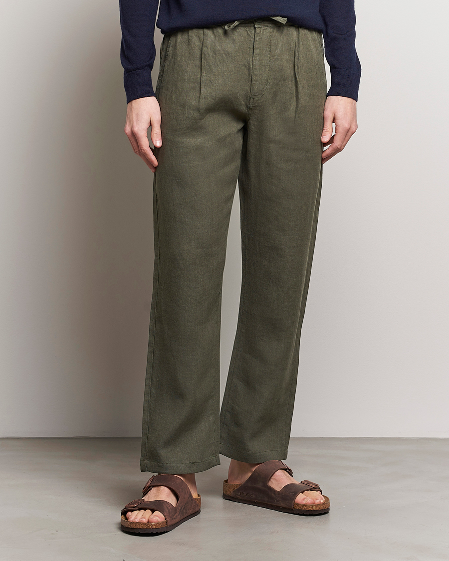 Men | Linen Trousers | KnowledgeCotton Apparel | Loose Linen Pants Burned Olive