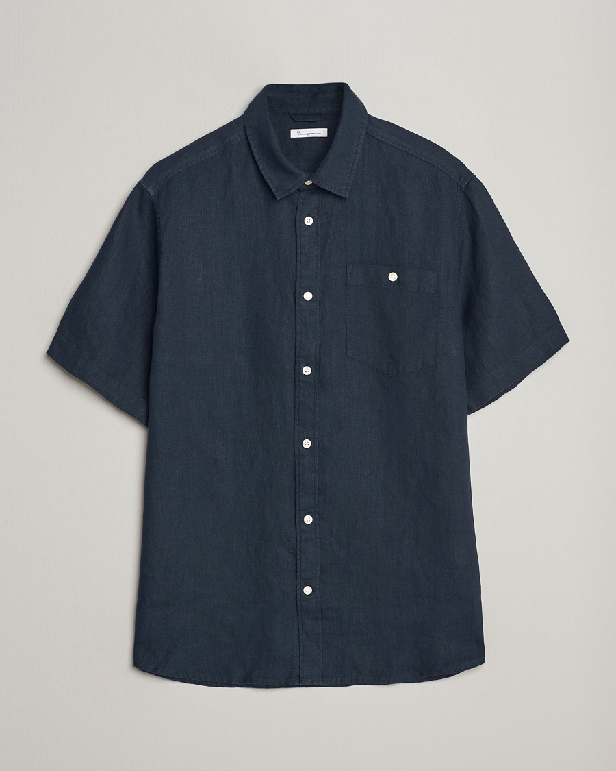 Men | Shirts | KnowledgeCotton Apparel | Regular Short Sleeve Linen Shirt Total Eclipse