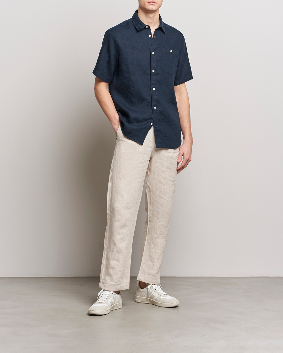 Men | Shirts | KnowledgeCotton Apparel | Regular Short Sleeve Linen Shirt Total Eclipse