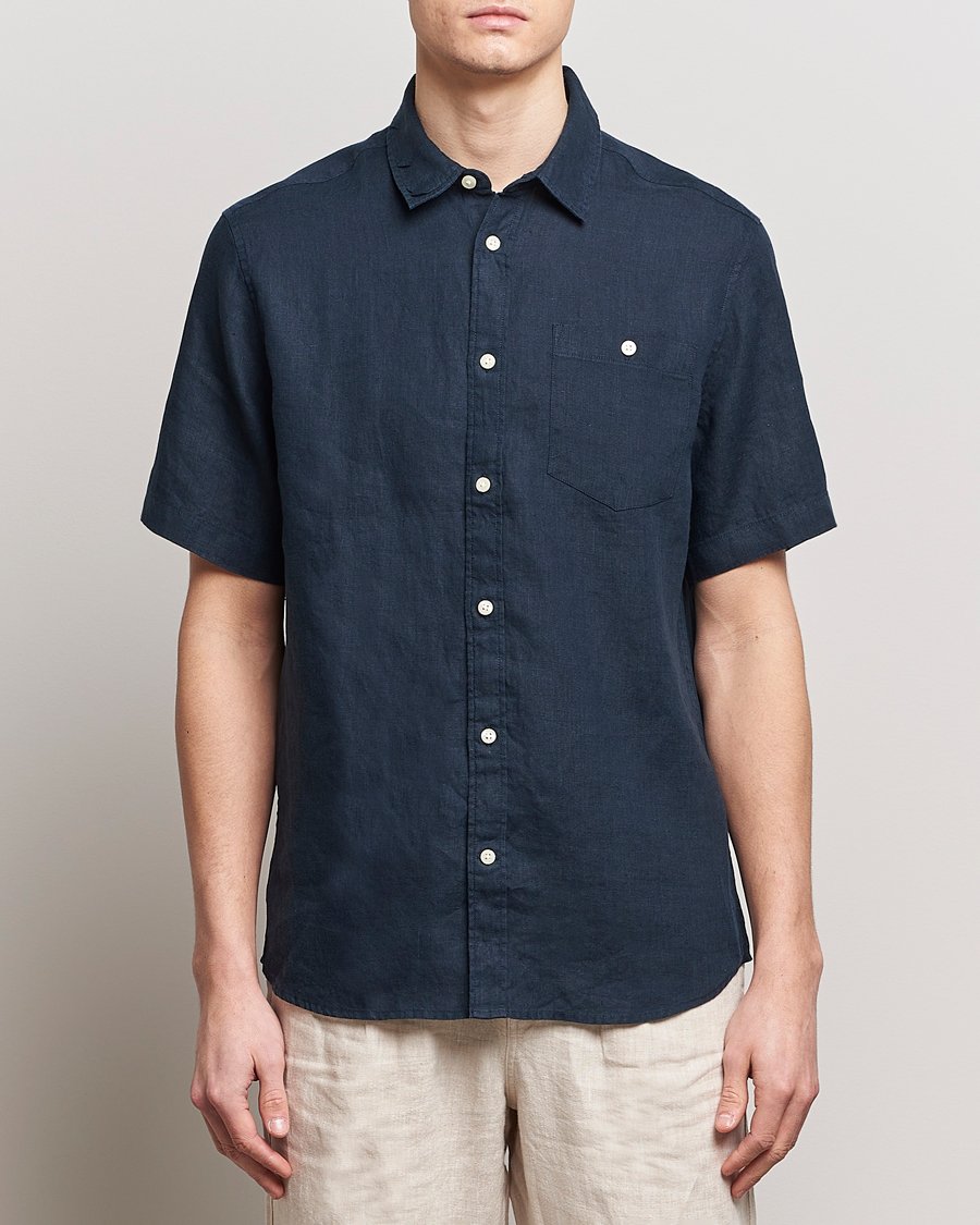 Men | Short Sleeve Shirts | KnowledgeCotton Apparel | Regular Short Sleeve Linen Shirt Total Eclipse