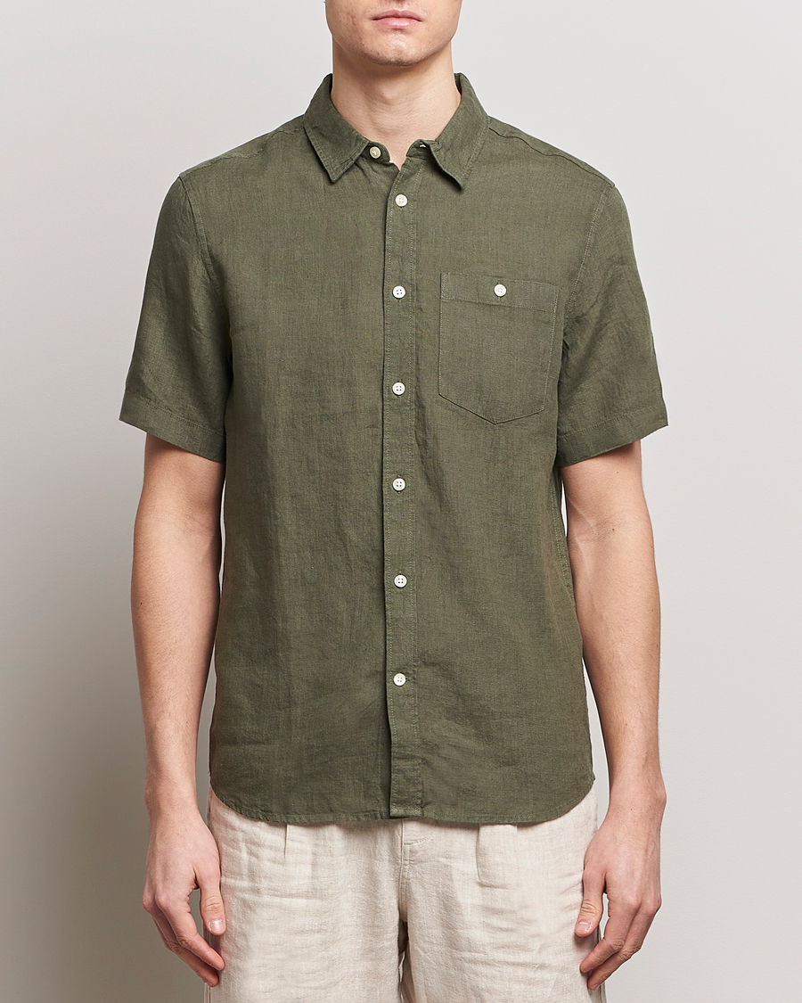 Men |  | KnowledgeCotton Apparel | Regular Short Sleeve Linen Shirt Burned Olive
