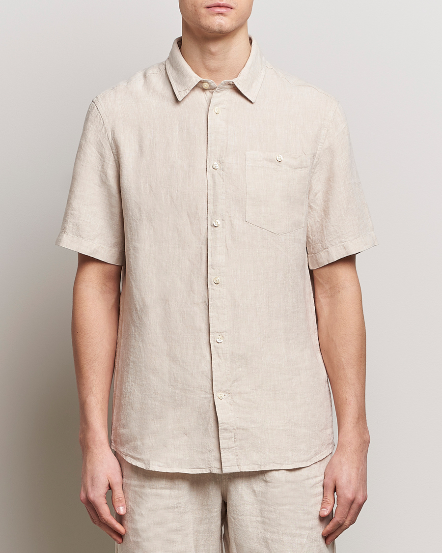 Men | Short Sleeve Shirts | KnowledgeCotton Apparel | Regular Short Sleeve Linen Shirt Yarndyed Beige