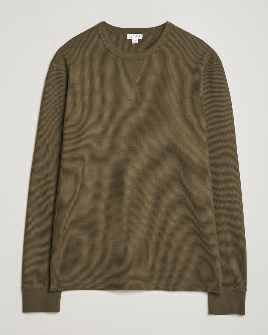 Men | T-Shirts | Sunspel | Long Sleeve Waffle T-Shirt Dark Olive