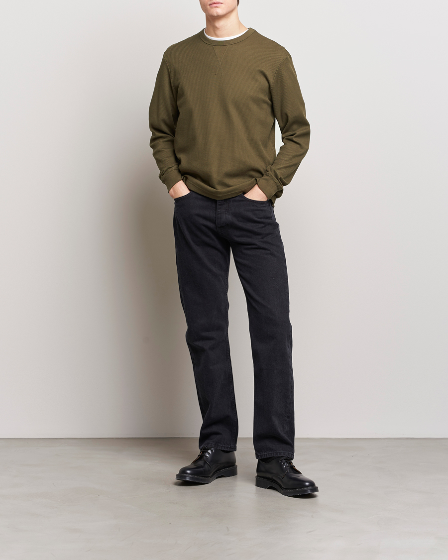 Men | T-Shirts | Sunspel | Long Sleeve Waffle T-Shirt Dark Olive