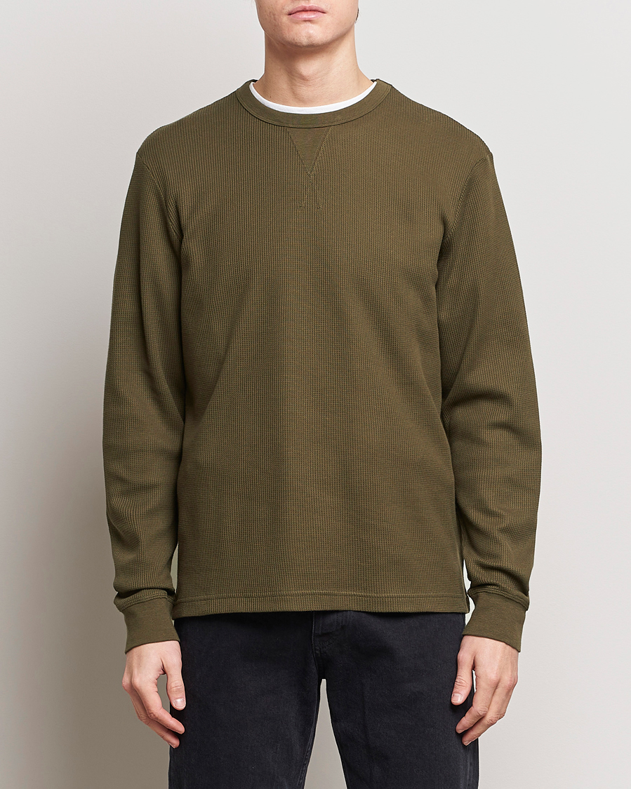 Men | T-Shirts | Sunspel | Long Sleeve Waffle T-Shirt Dark Olive