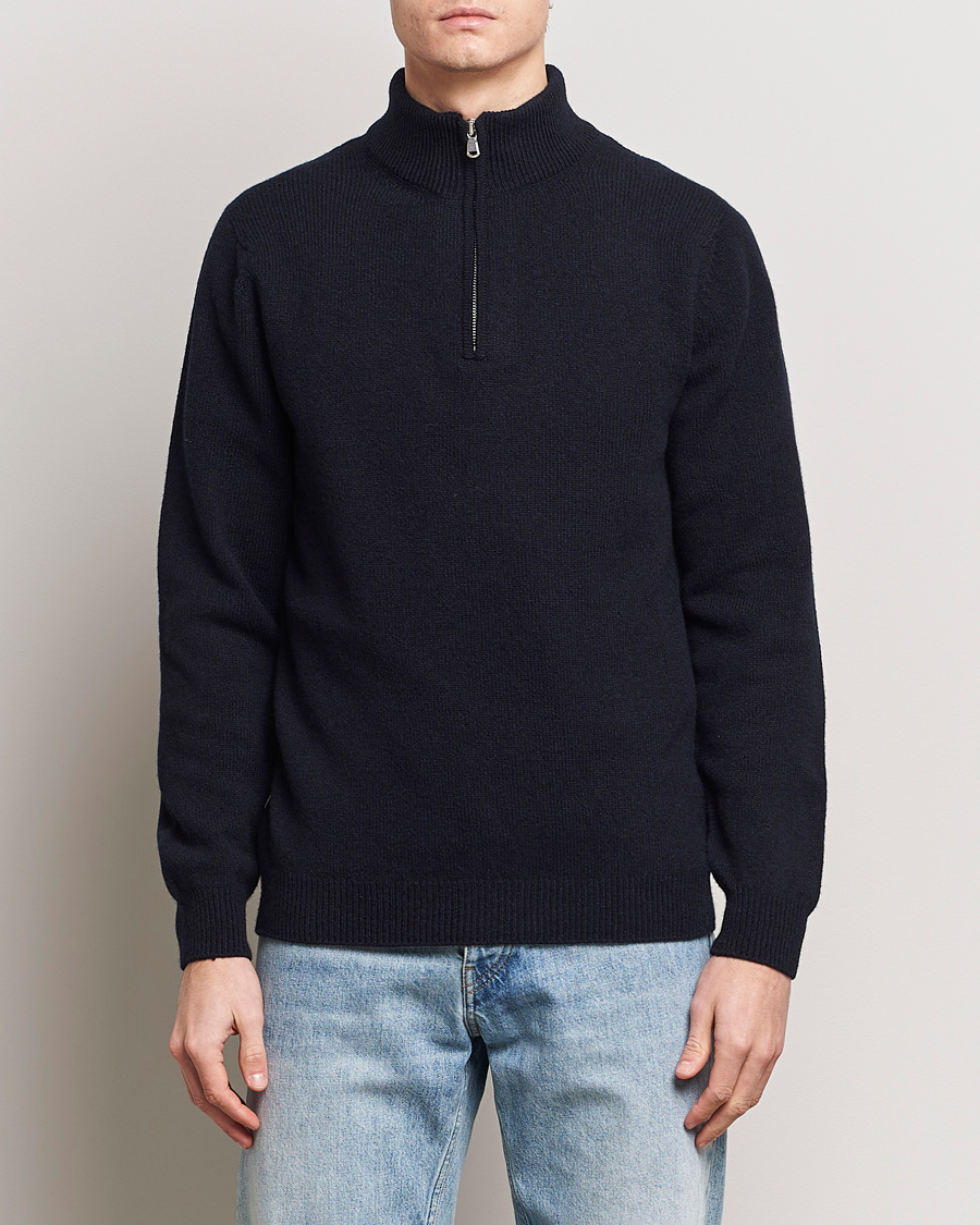 Men | Sweaters & Knitwear | Sunspel | Lambswool Half-Zip Dark Navy Mouline