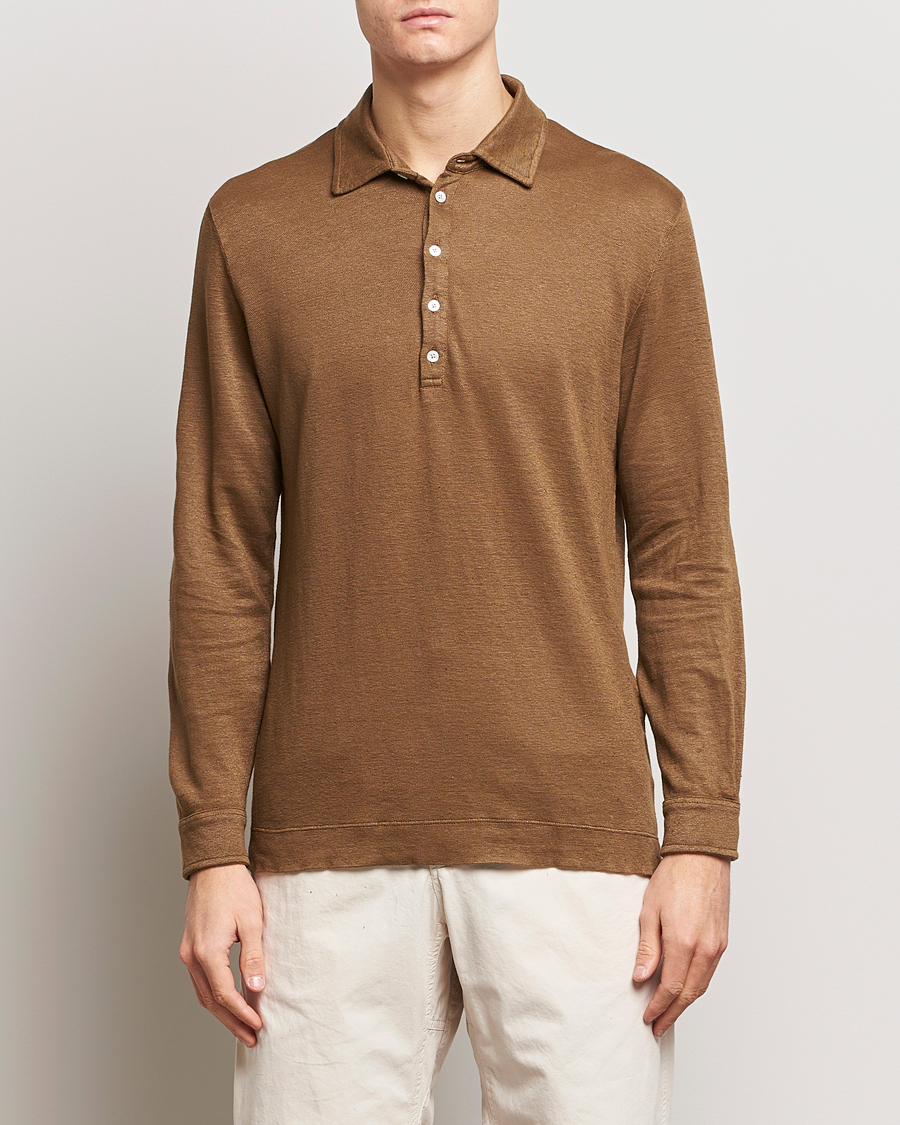 Men | Long Sleeve Polo Shirts | Massimo Alba | Raya Long Sleeve Linen Polo Brown