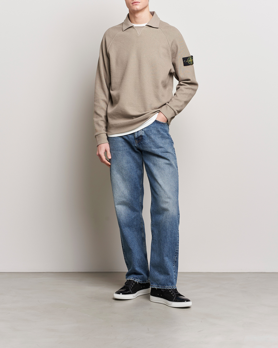 Men | Sweaters & Knitwear | Stone Island | Cotton Nylon Ribbed Fleece Poloshirt Dove Grey