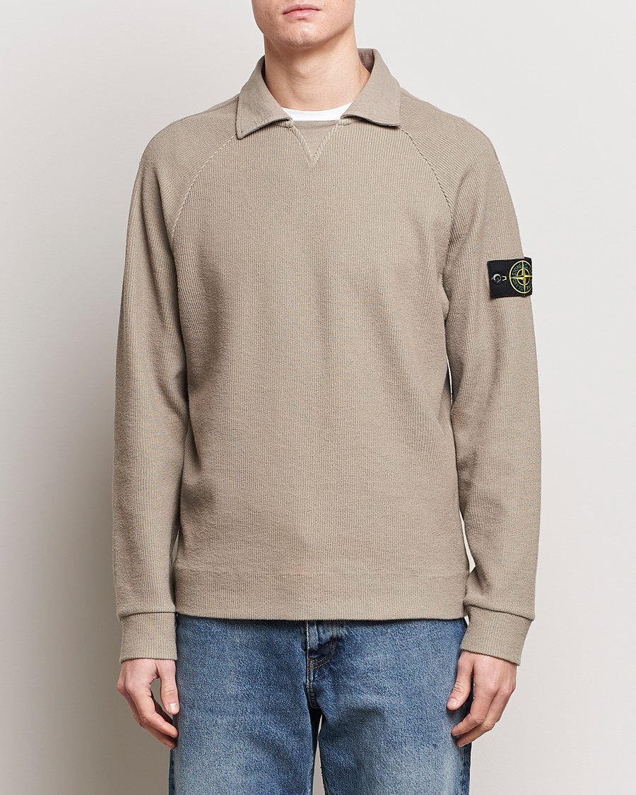 Men | Sweaters & Knitwear | Stone Island | Cotton Nylon Ribbed Fleece Poloshirt Dove Grey