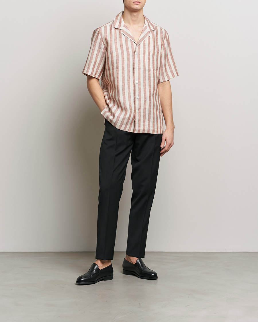 Men | Shirts | Lardini | Striped Short Sleeve Linen Shirt Beige/Red