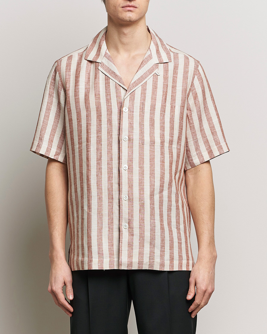 Men | Shirts | Lardini | Striped Short Sleeve Linen Shirt Beige/Red